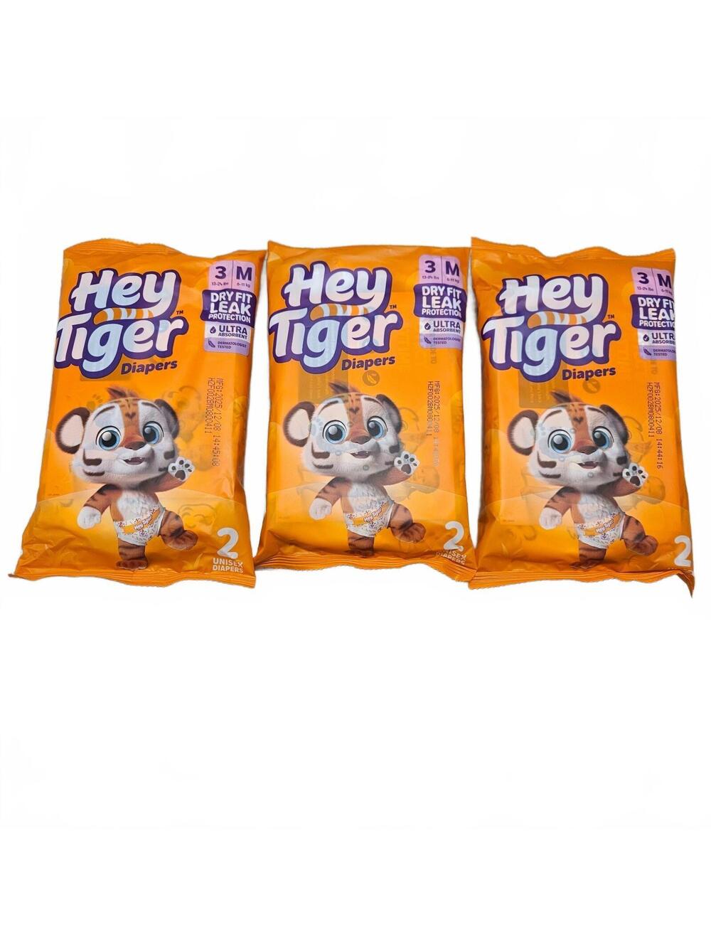 New Lot Of 6 Hey Tiger Diapers Size 3 Unisex 2 Per Pack Dry Fit Leak Protection